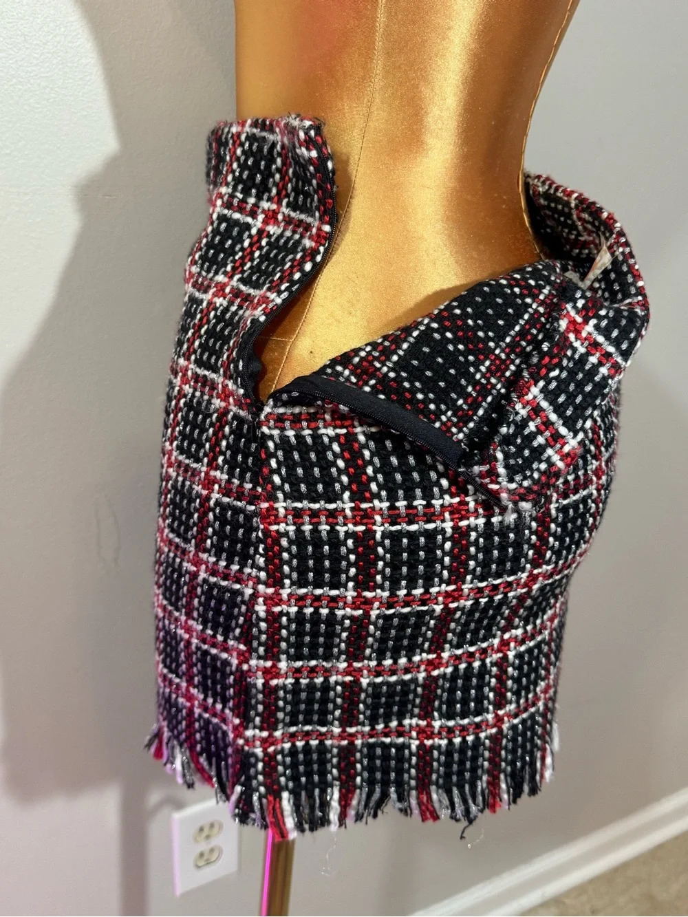 GB girls Black, Red & White Plaid Tweed Fringe Mini Skirt